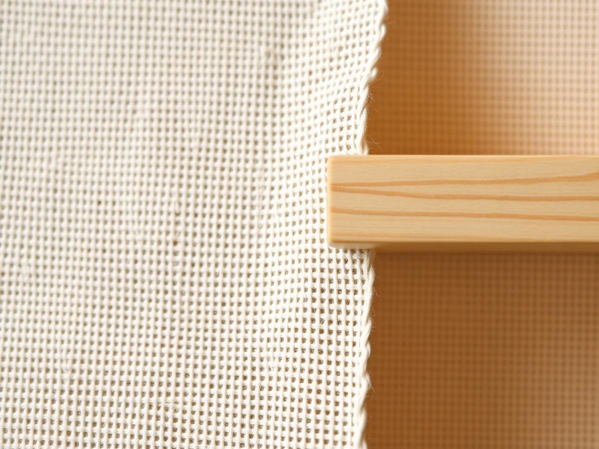 Close-up of cotton duck canvas weave meeting a pine stretcher bar