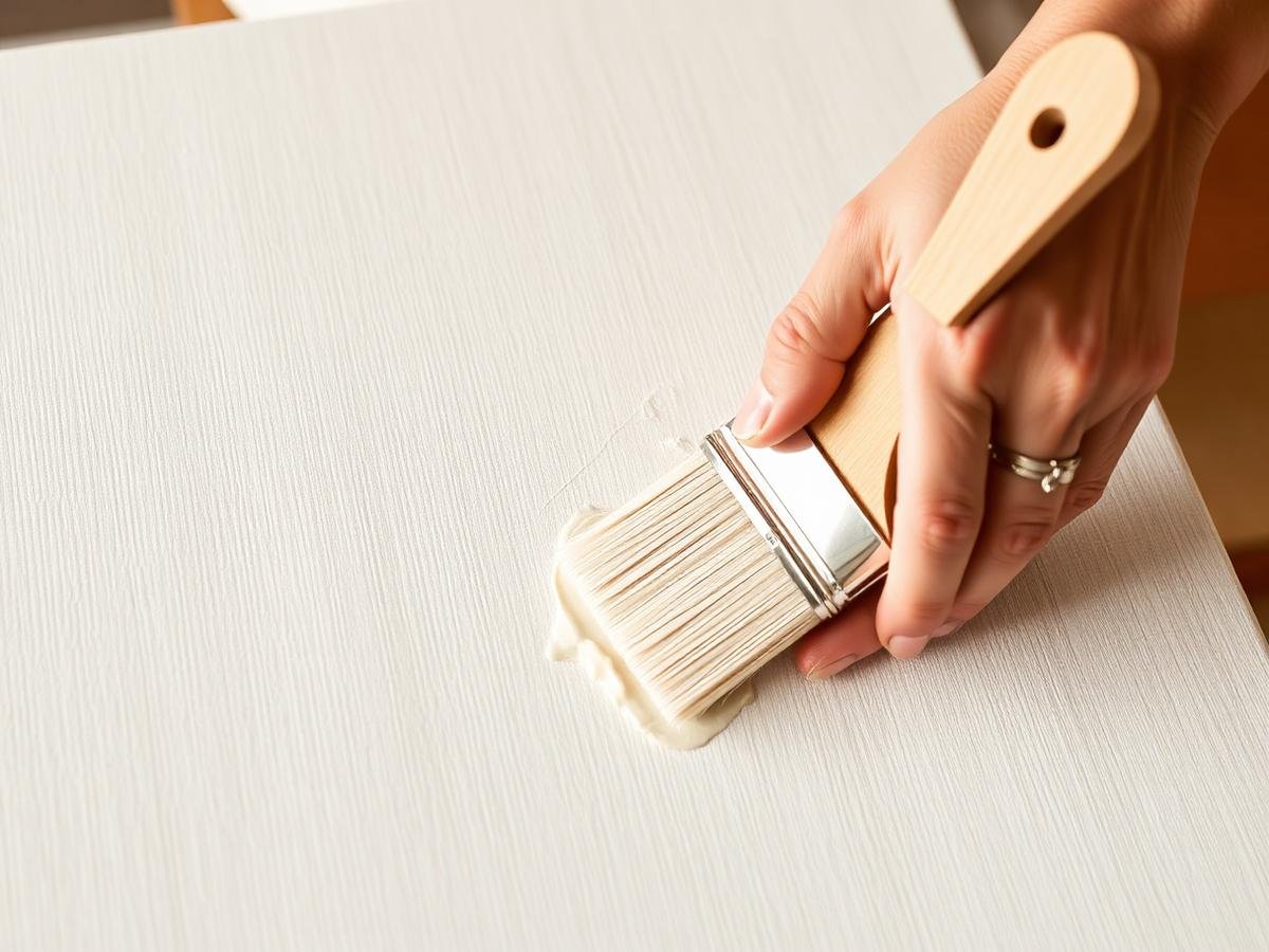 Hands brushing white gesso primer onto raw cotton canvas